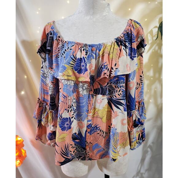 Sanctuary Avery Womens Tropical Floral Ruffled Tiered Blouse Size XL Flowy Top - Picture 1 of 11
